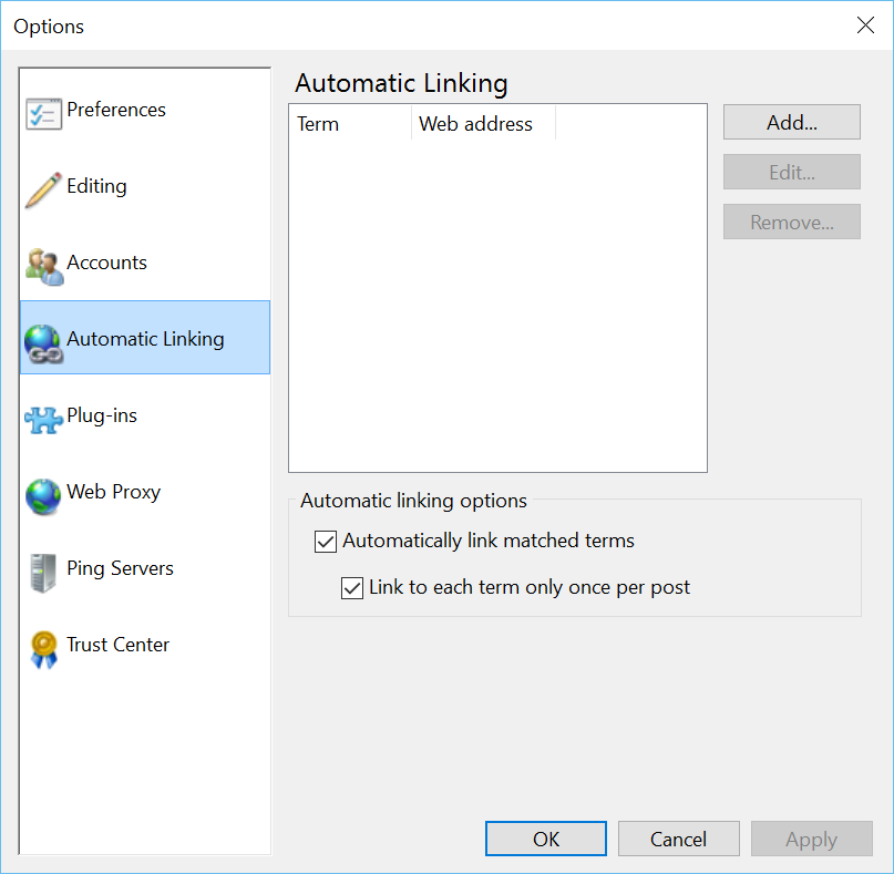 Automatic Linking Dialog Box