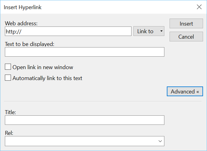 Insert Hyperlink Dialog Box Advanced 