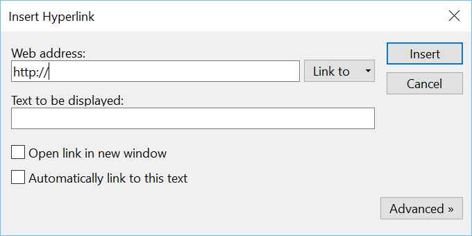 Insert Hyperlink Dialog Box