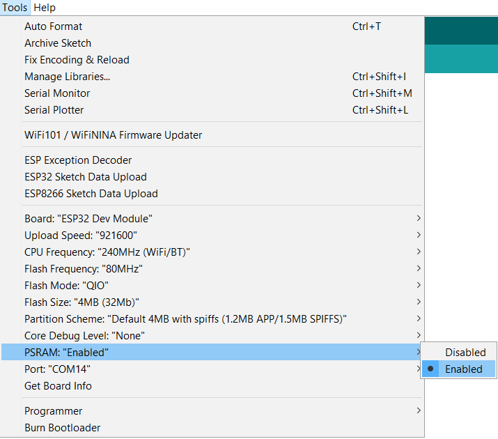 Enable PSRAM in ESP32